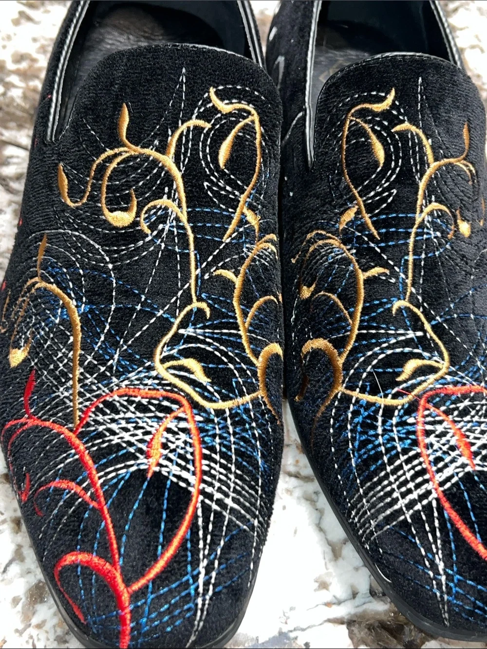 Black Embroidered Slip-On Loafers with Gold, Red & Blue Accents